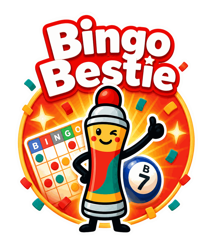 The Bingo Bestie logo: the dauber mascot giving a thumbs up beside a bingo card and a bingo ball